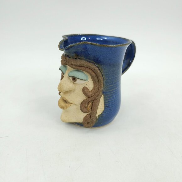 Funny Face Pitcher David Renfroe Pottery Vintage 1981 Blue Signed Ugly Face Mug - Picture 11 of 12